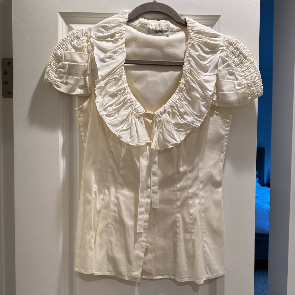 Prada Vintage Off-White, Fitted, Ruched Blouse 42